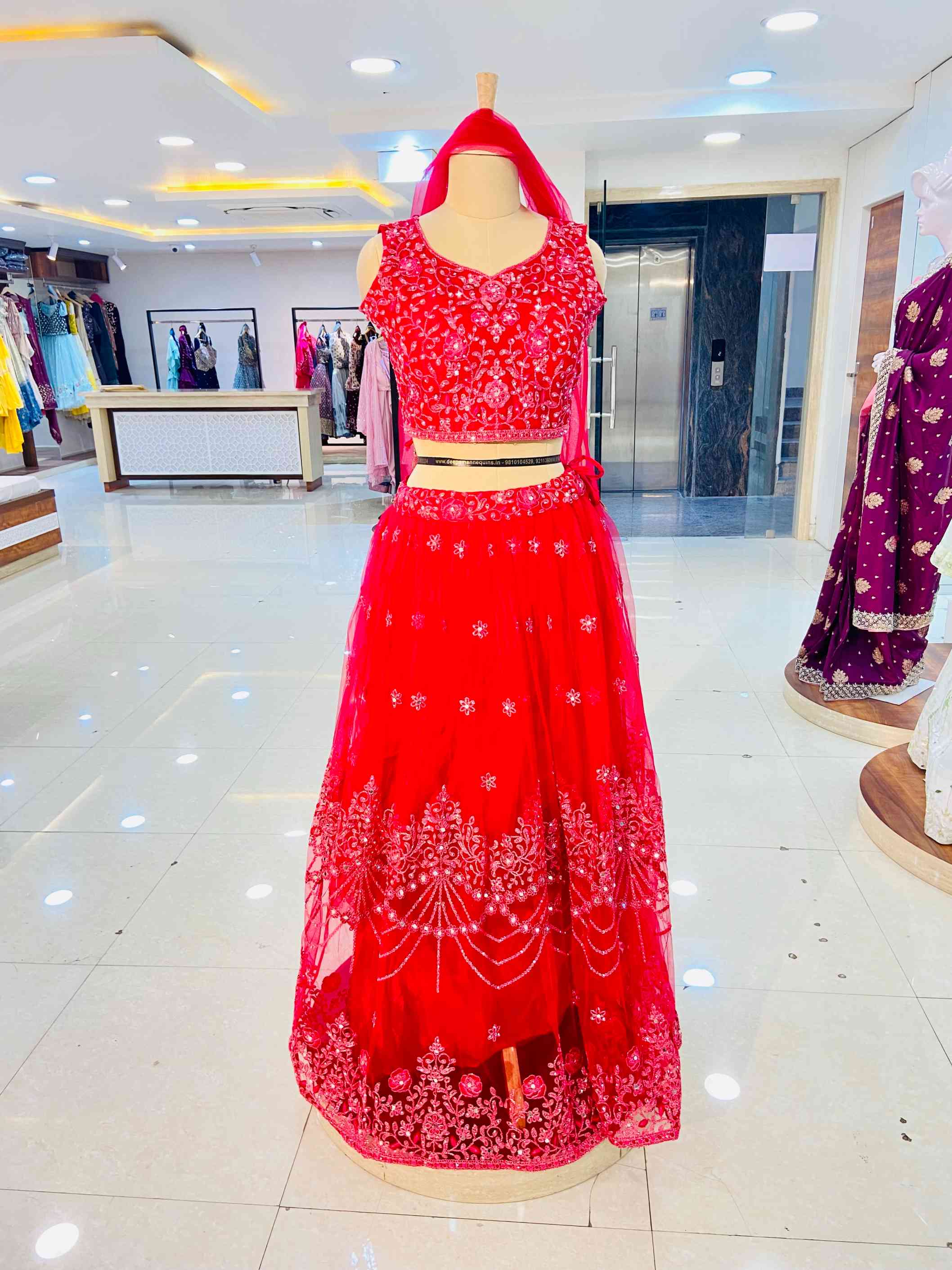 Red Net Designer Blouse With Skirt Set - Daabu Jaipur