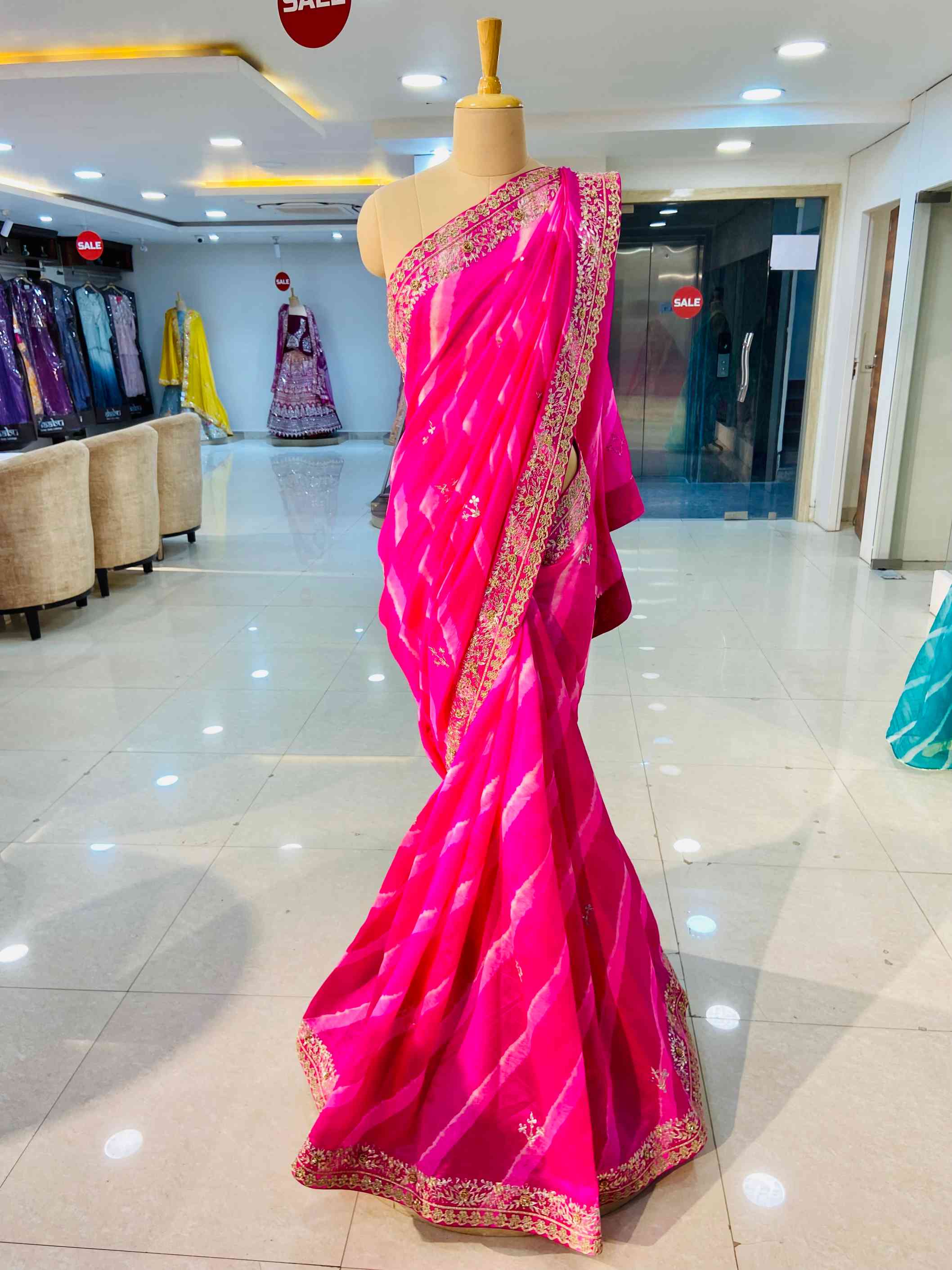 Pink Pure Silk Leheriya Saree - Daabu Jaipur