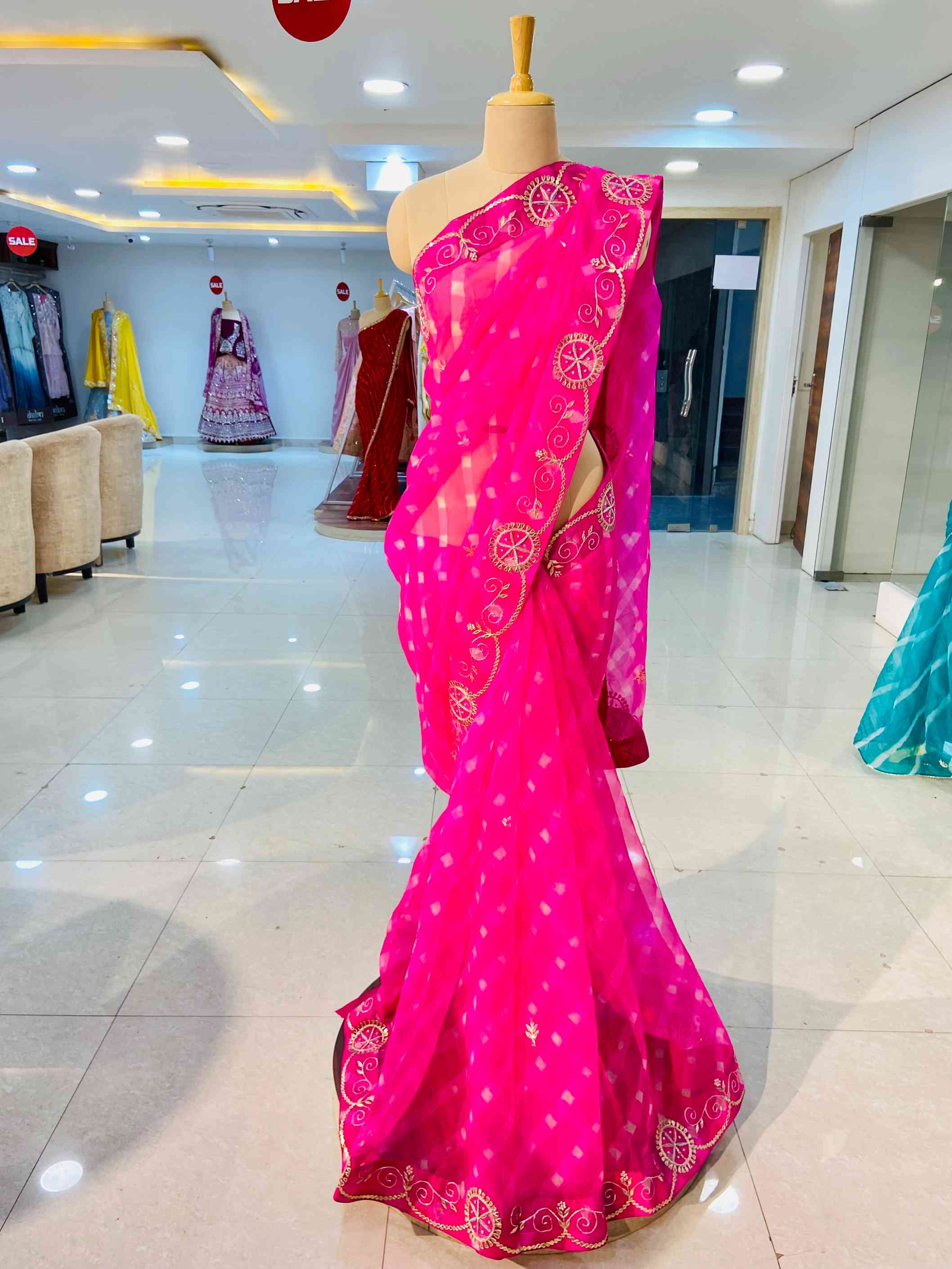 Pure Organza Leheriya Saree - Daabu Jaipur