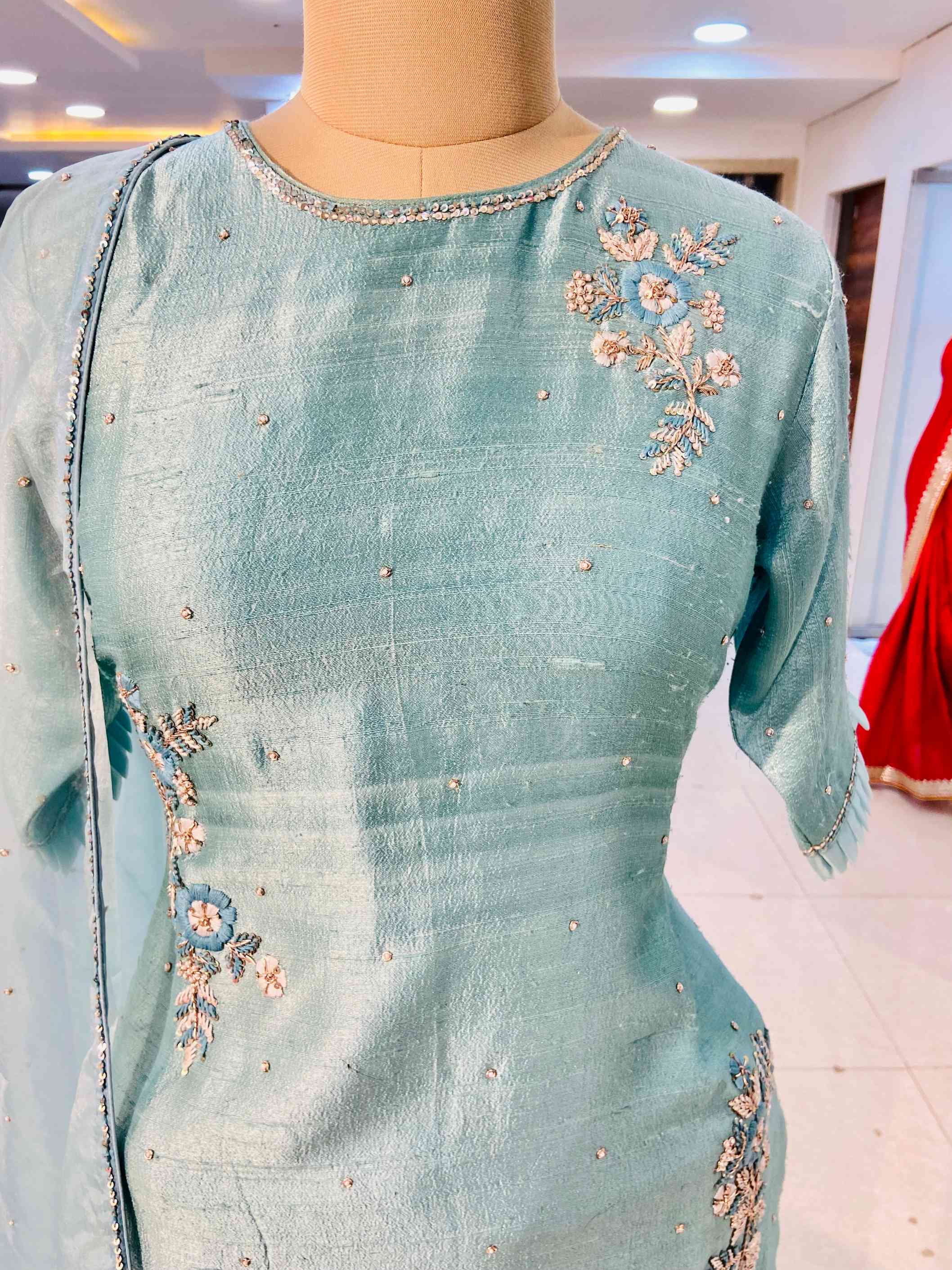 Turquoise Blue Raw Silk Sharara Set - Daabu Jaipur