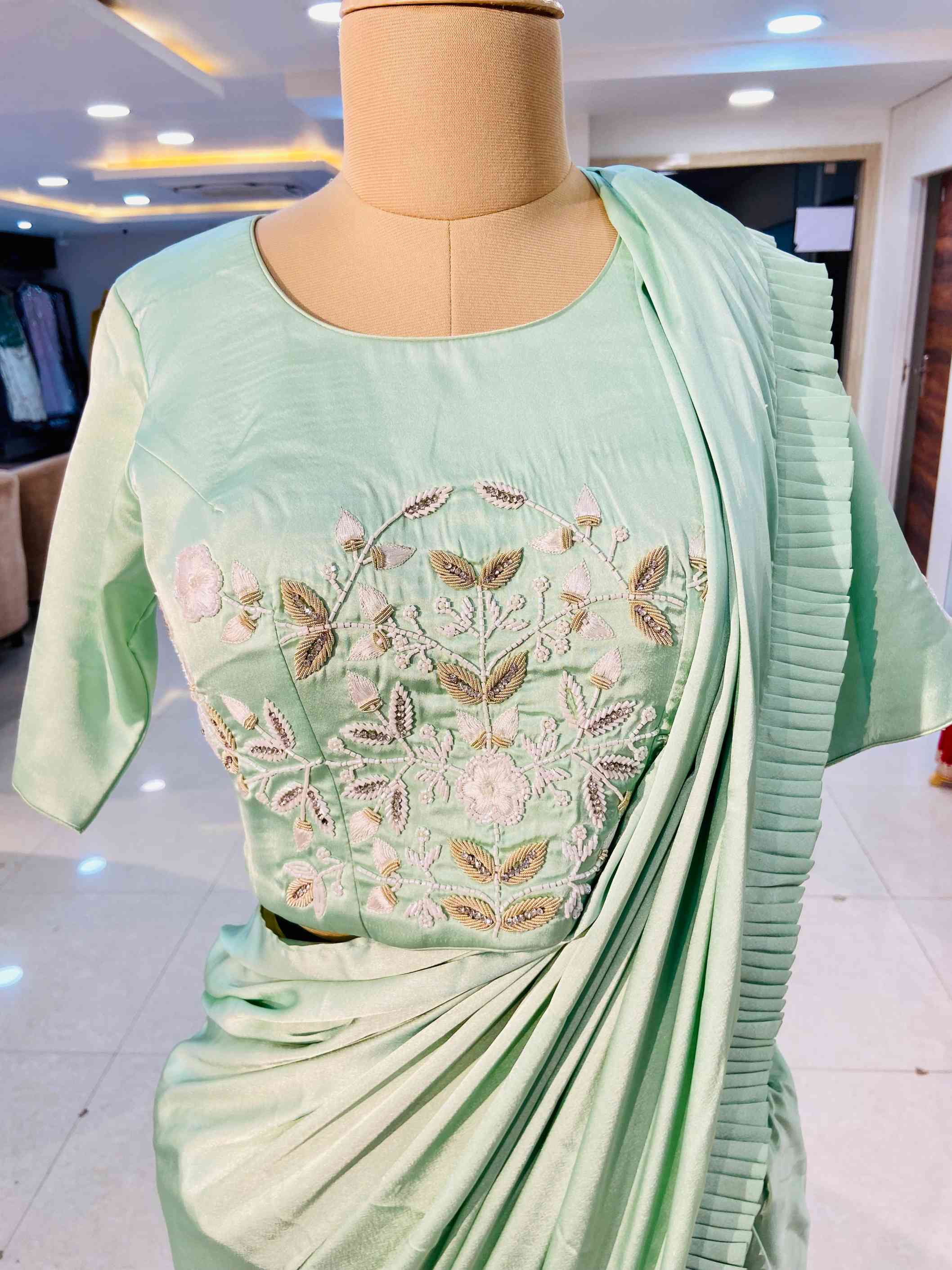 Mint Green Pure Crepe Pre Draped Saree - Daabu Jaipur