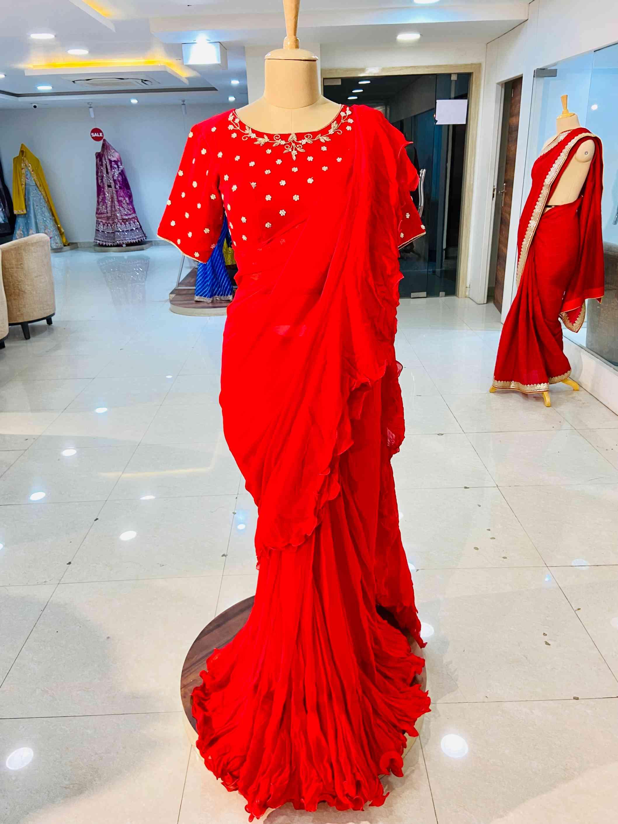 Apple Red Pure Georgette Pre Draped Saree - Daabu Jaipur