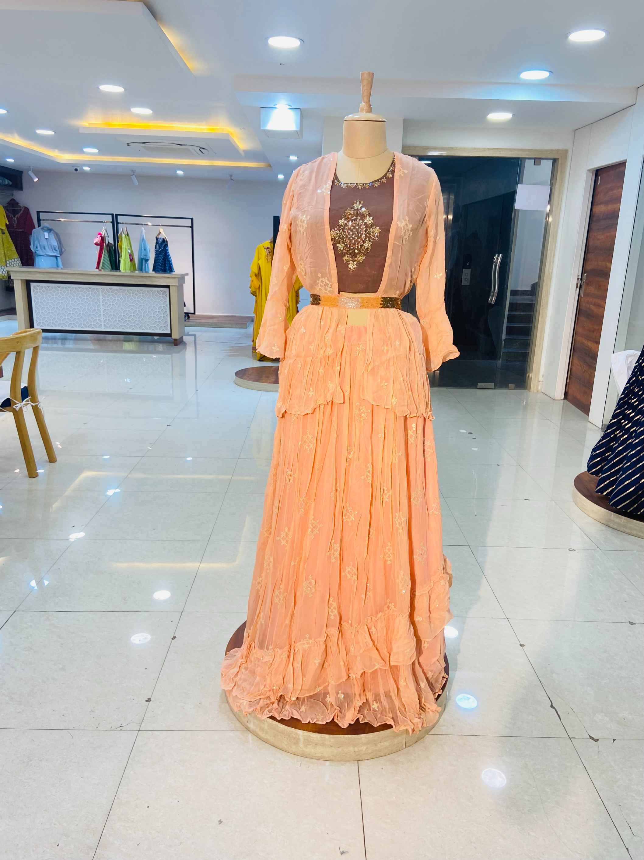 Peach Color Sequinned Peplum Skirt With Jacket - Daabu Jaipur