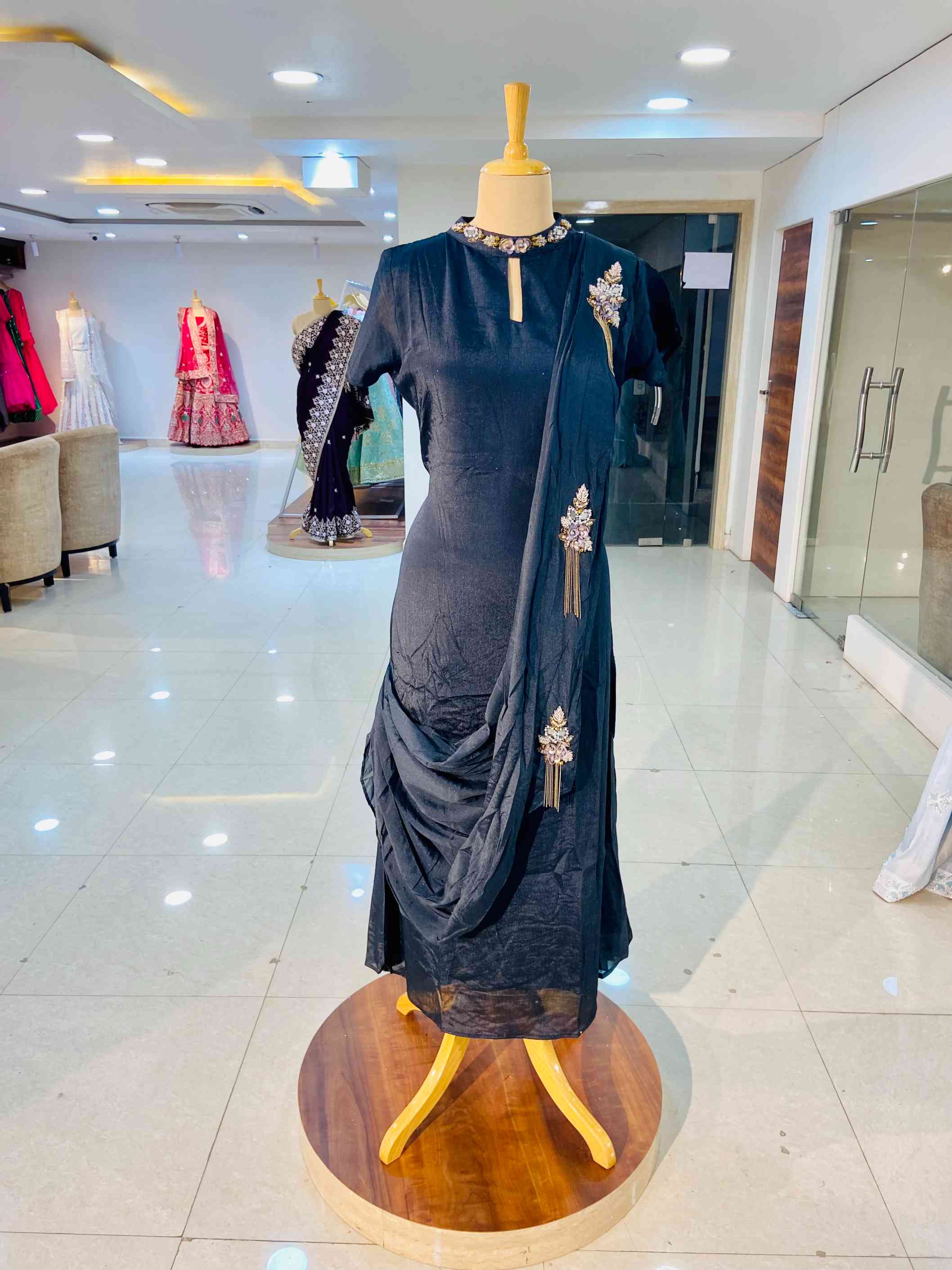 Black Chinon Designer Gown - Daabu Jaipur