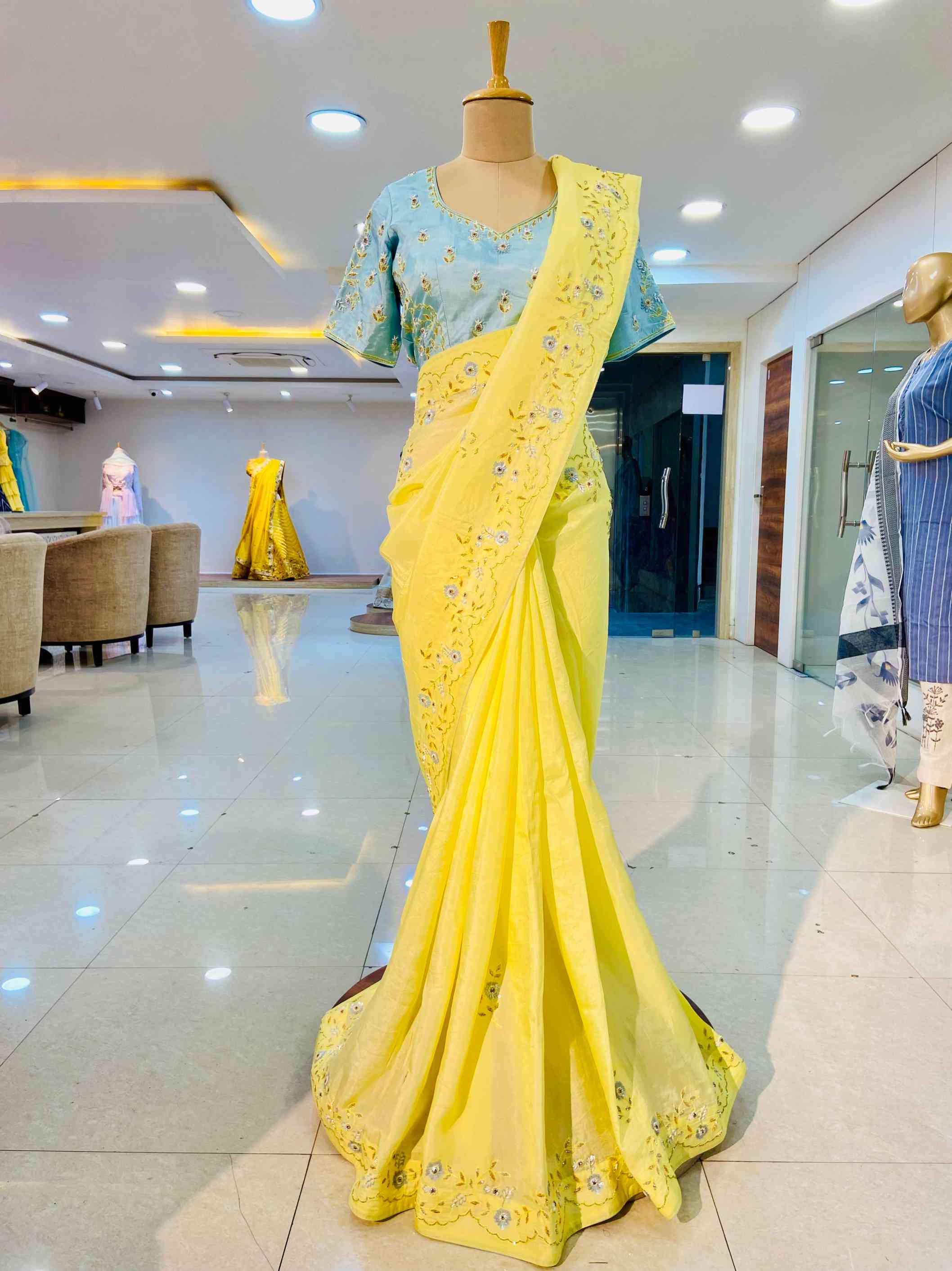 Lime Yellow Mysore Silk Hand Work Saree - Daabu Jaipur