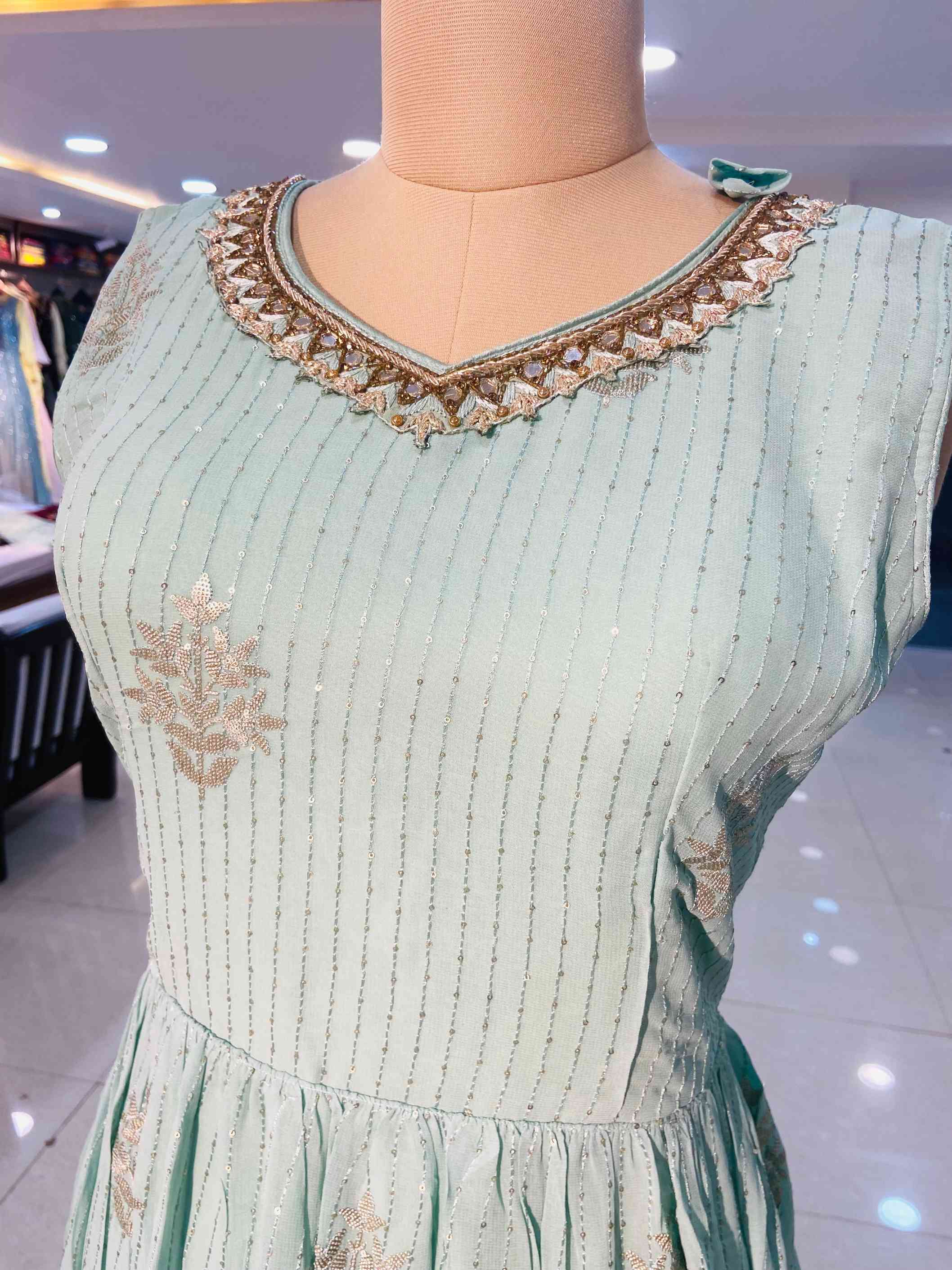 Light Green Sequinned Georgette Gown - Daabu Jaipur