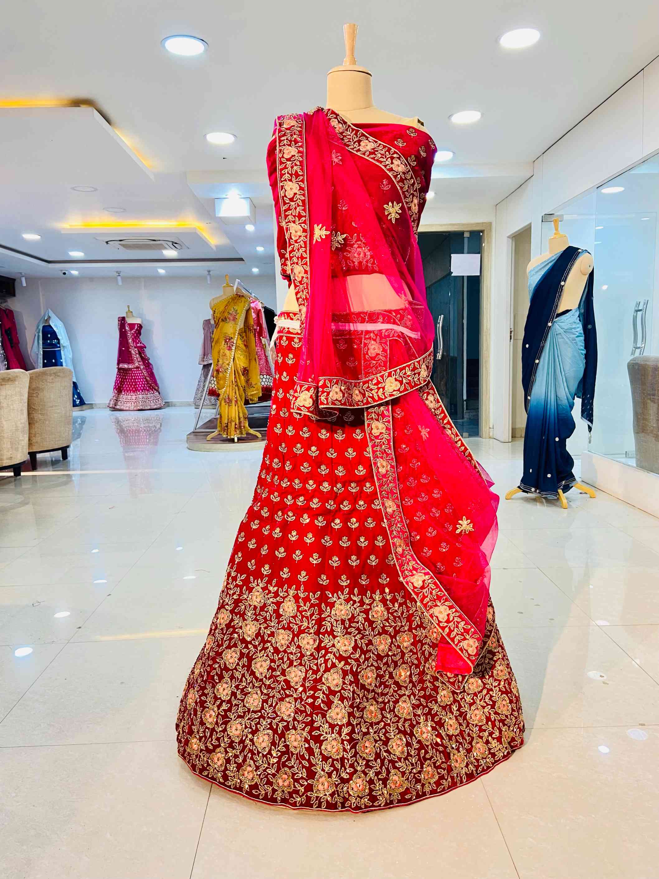 Dark Red Velvet Semi Bridal Lehenga - Daabu Jaipur