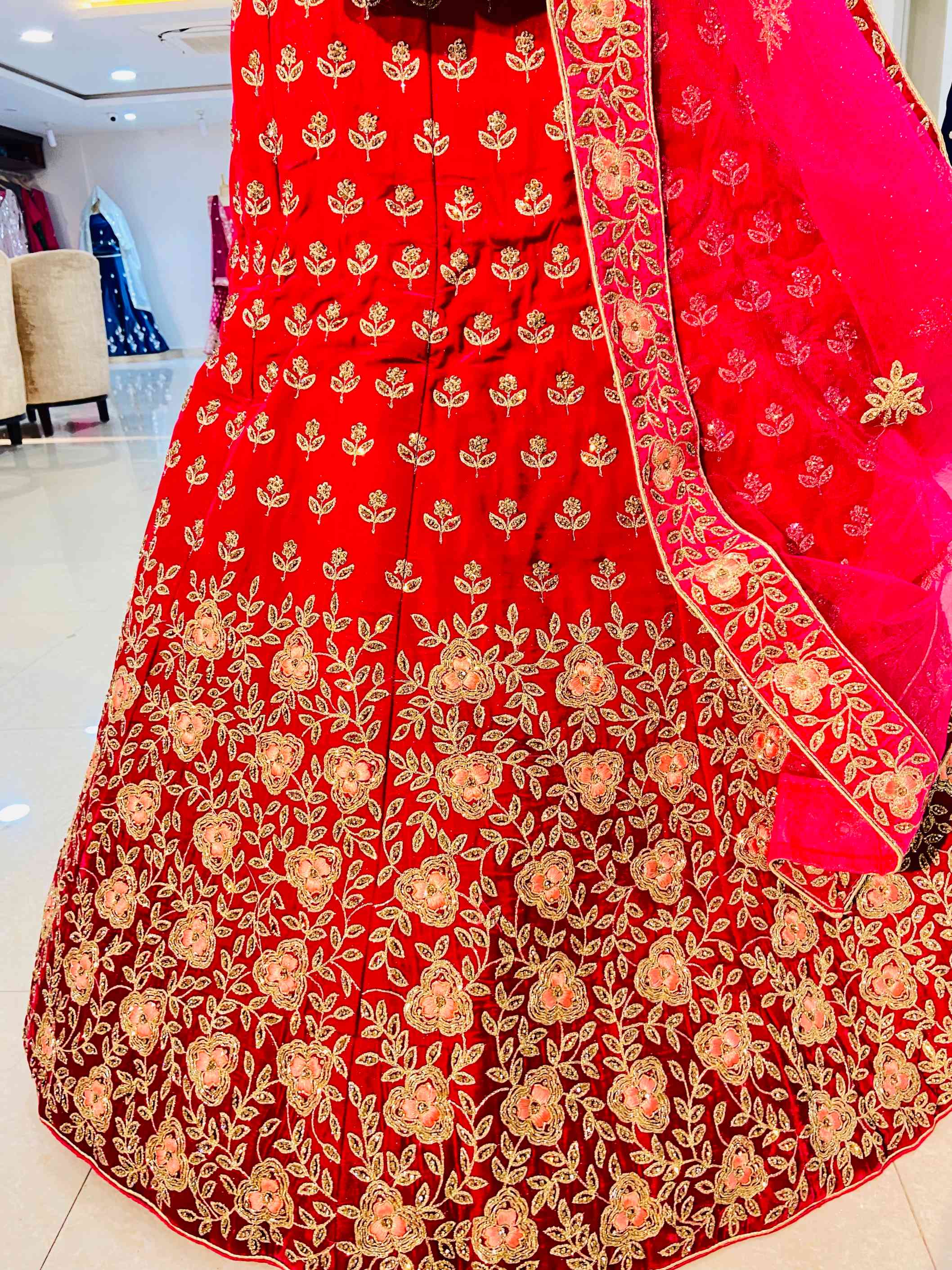 Dark Red Velvet Semi Bridal Lehenga - Daabu Jaipur