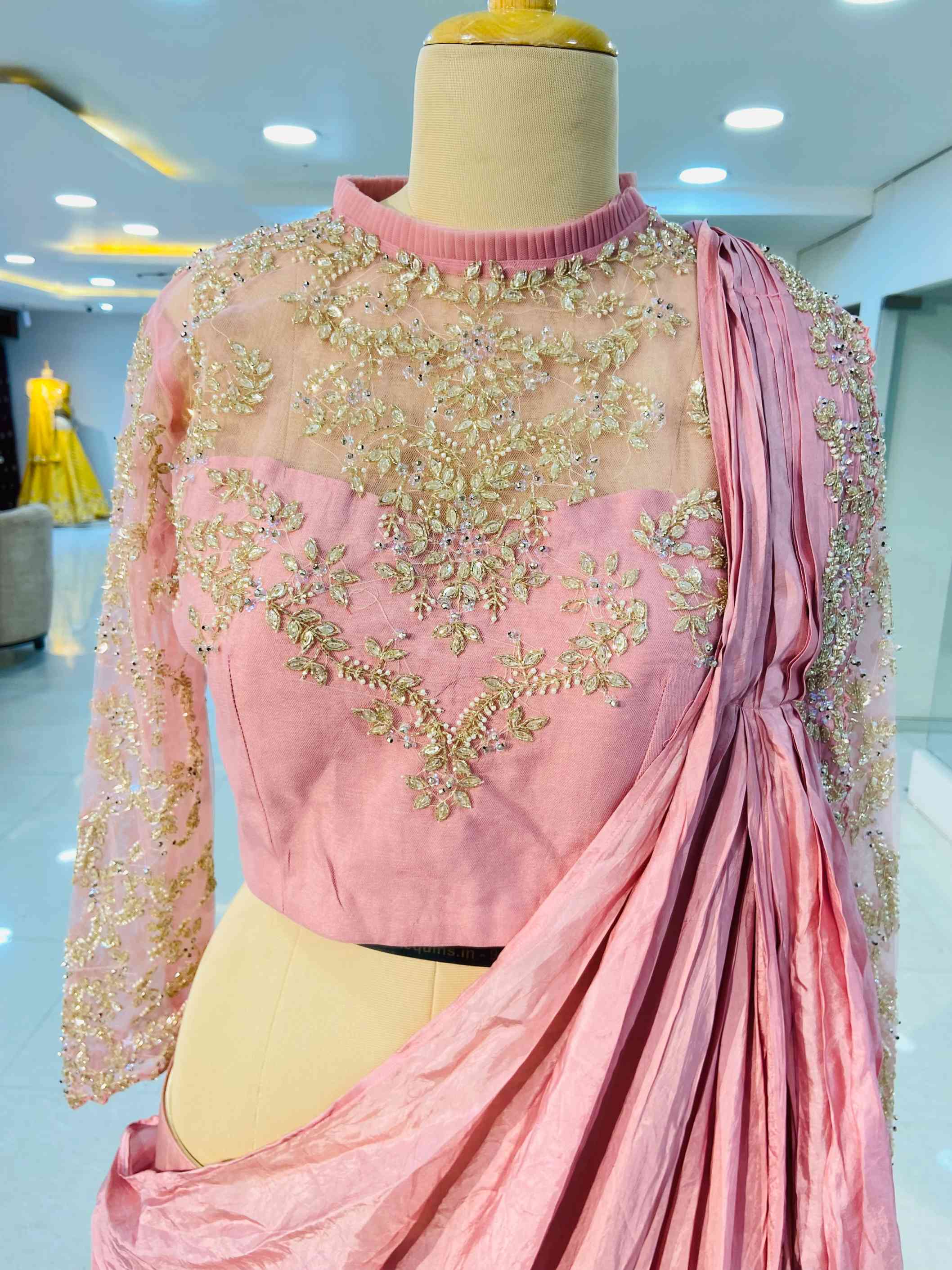 Baby Pink Organza Skirt Top With Attached Dupatta - Daabu Jaipur