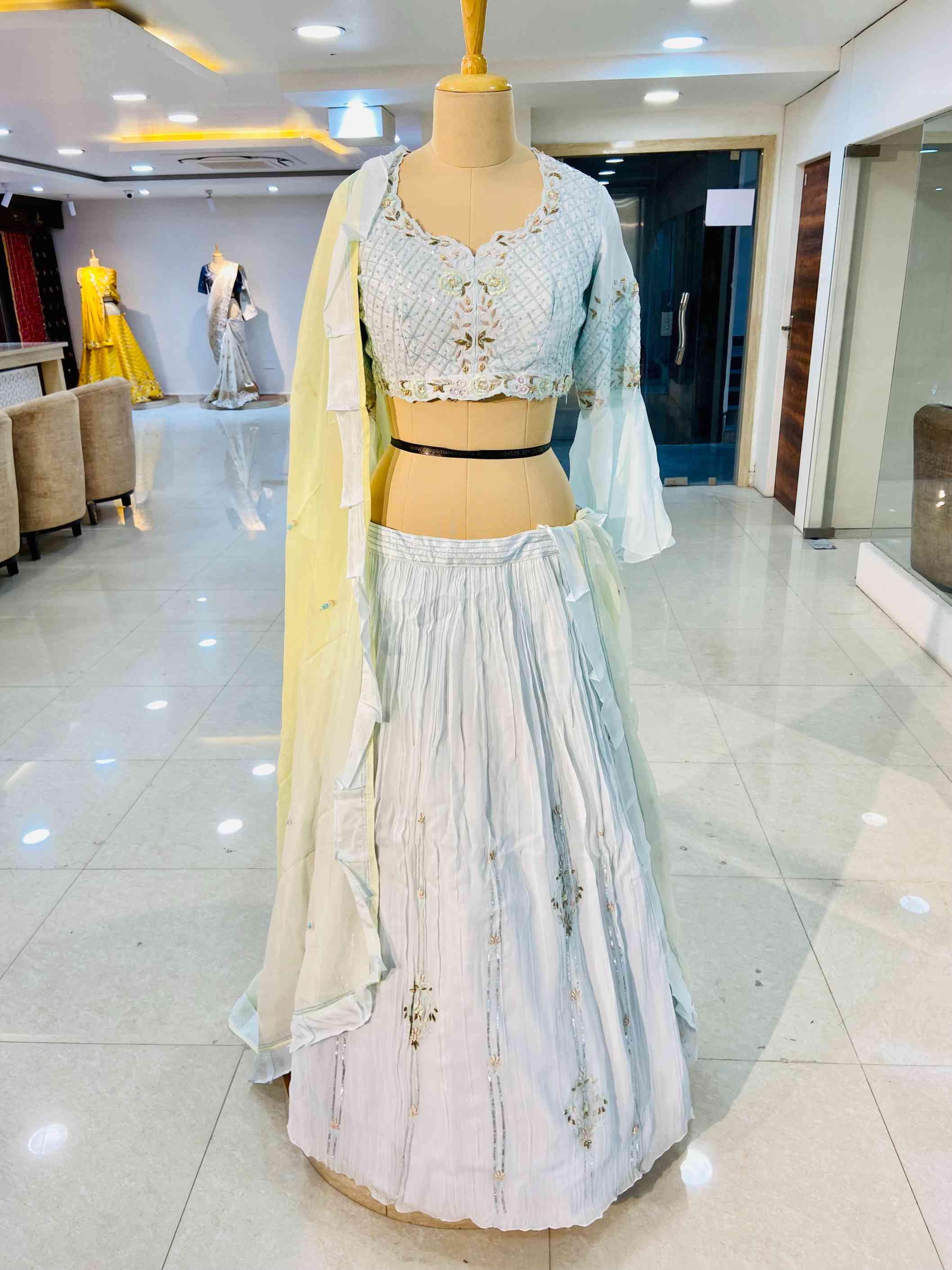 Light Blue Georgette Skirt With Silk Top - Daabu Jaipur