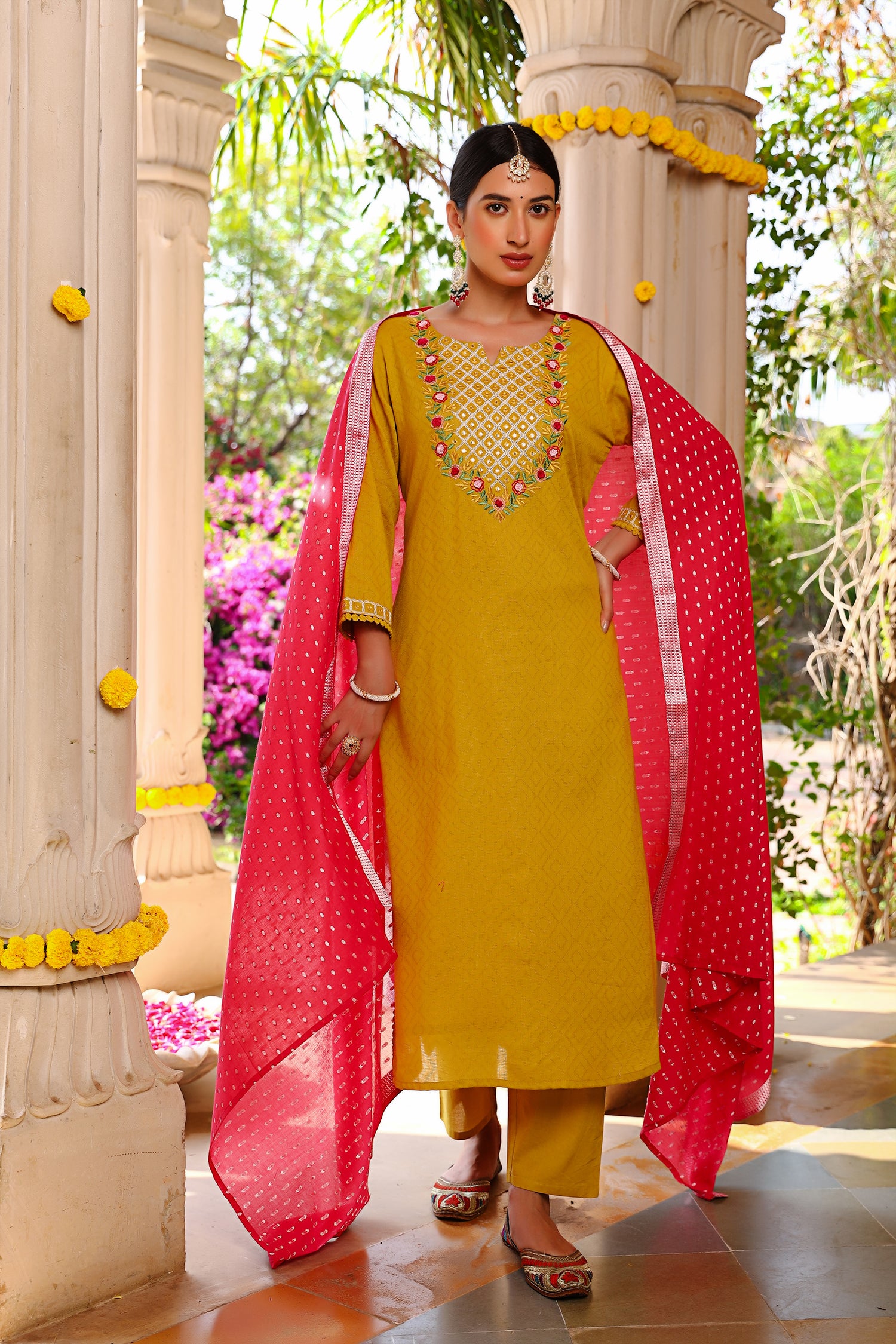 Yellow Cotton Embroidered Kurta Set