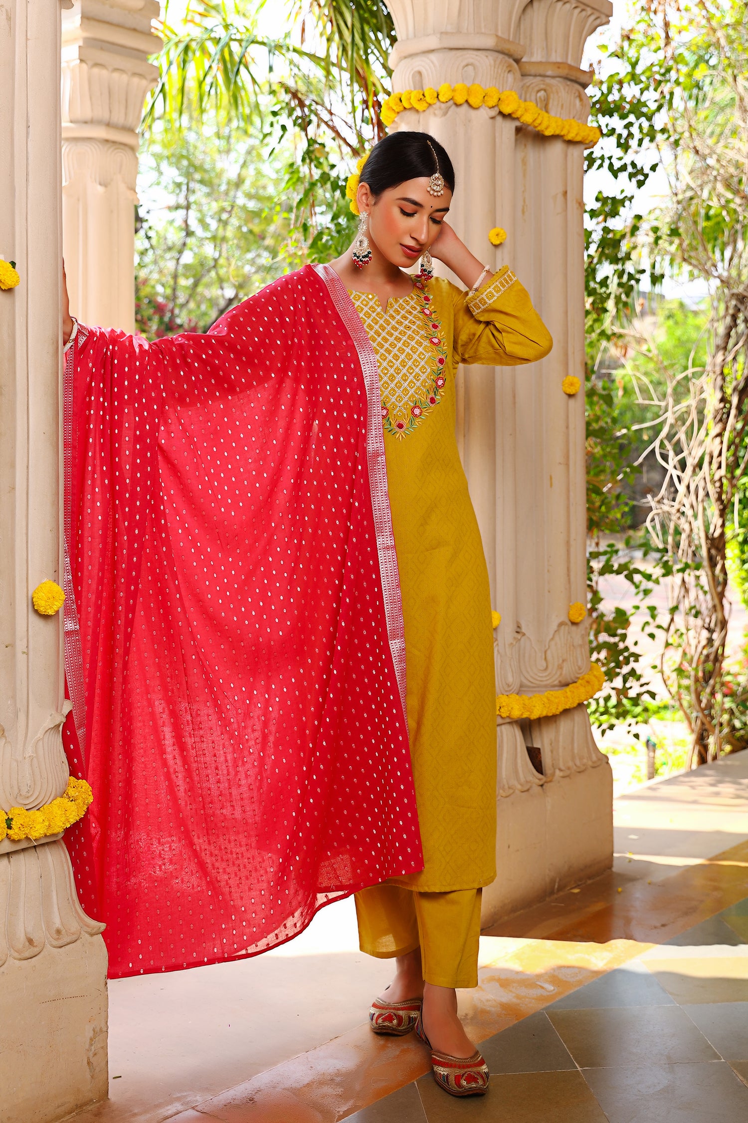 Yellow Cotton Embroidered Kurta Set