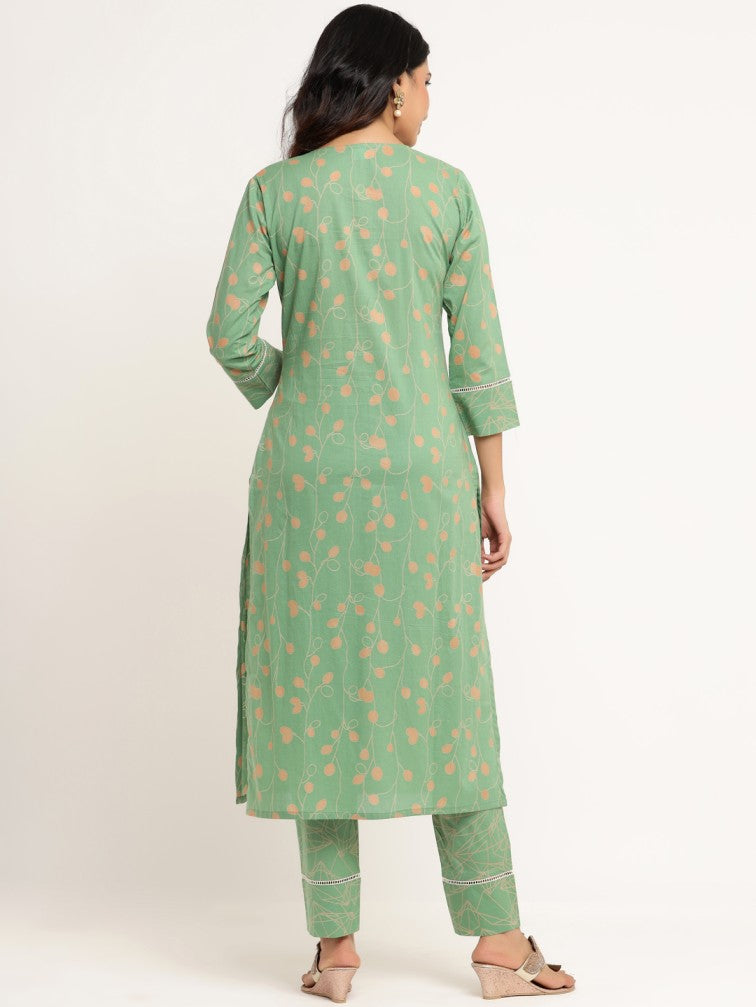 Green & Peach-Coloured Screen Printed Pure Cotton Kurta with Trousers - Daabu Jaipur