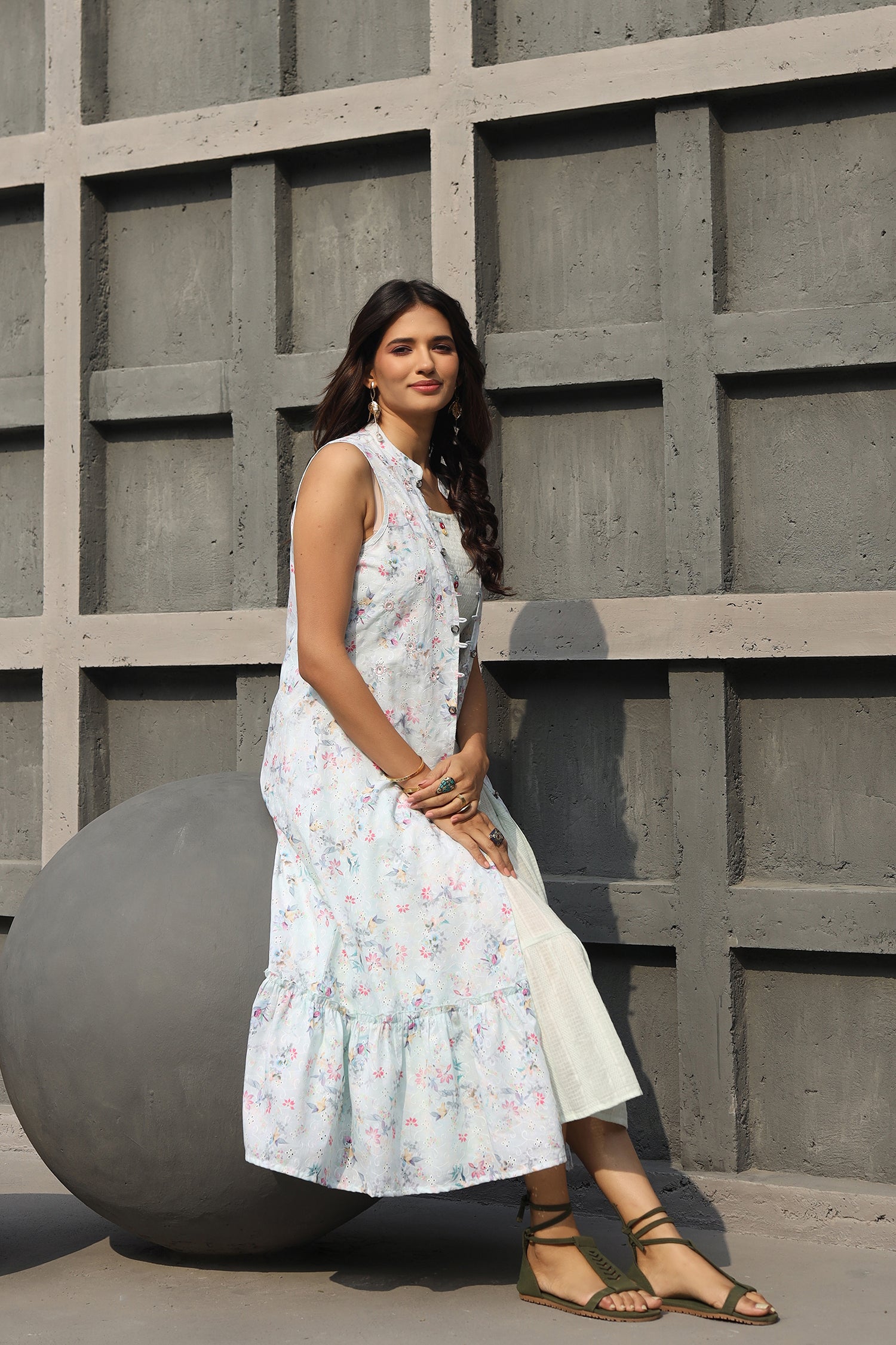 Green Floral Dress With French Cotton Jacket