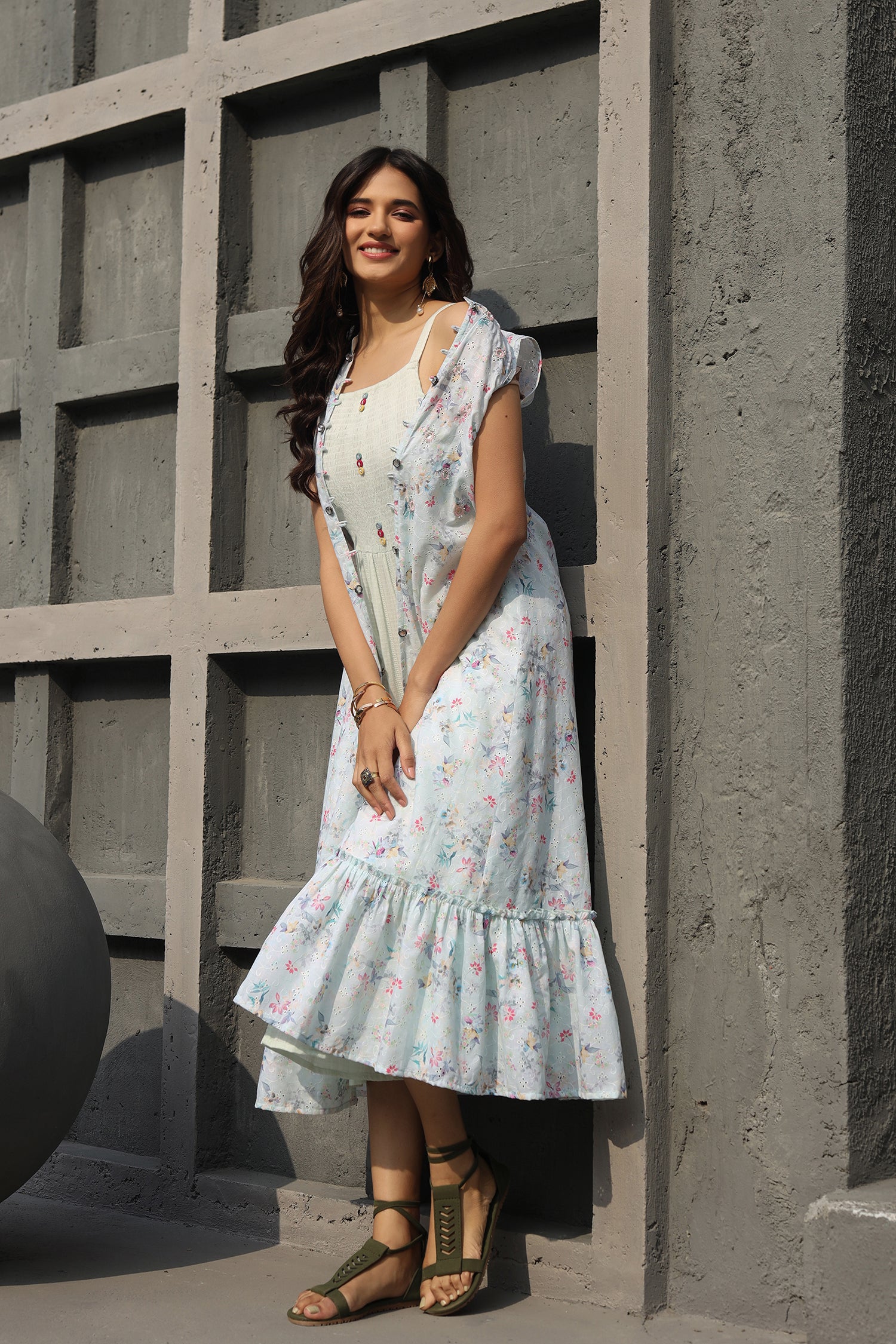 Green Floral Dress With French Cotton Jacket