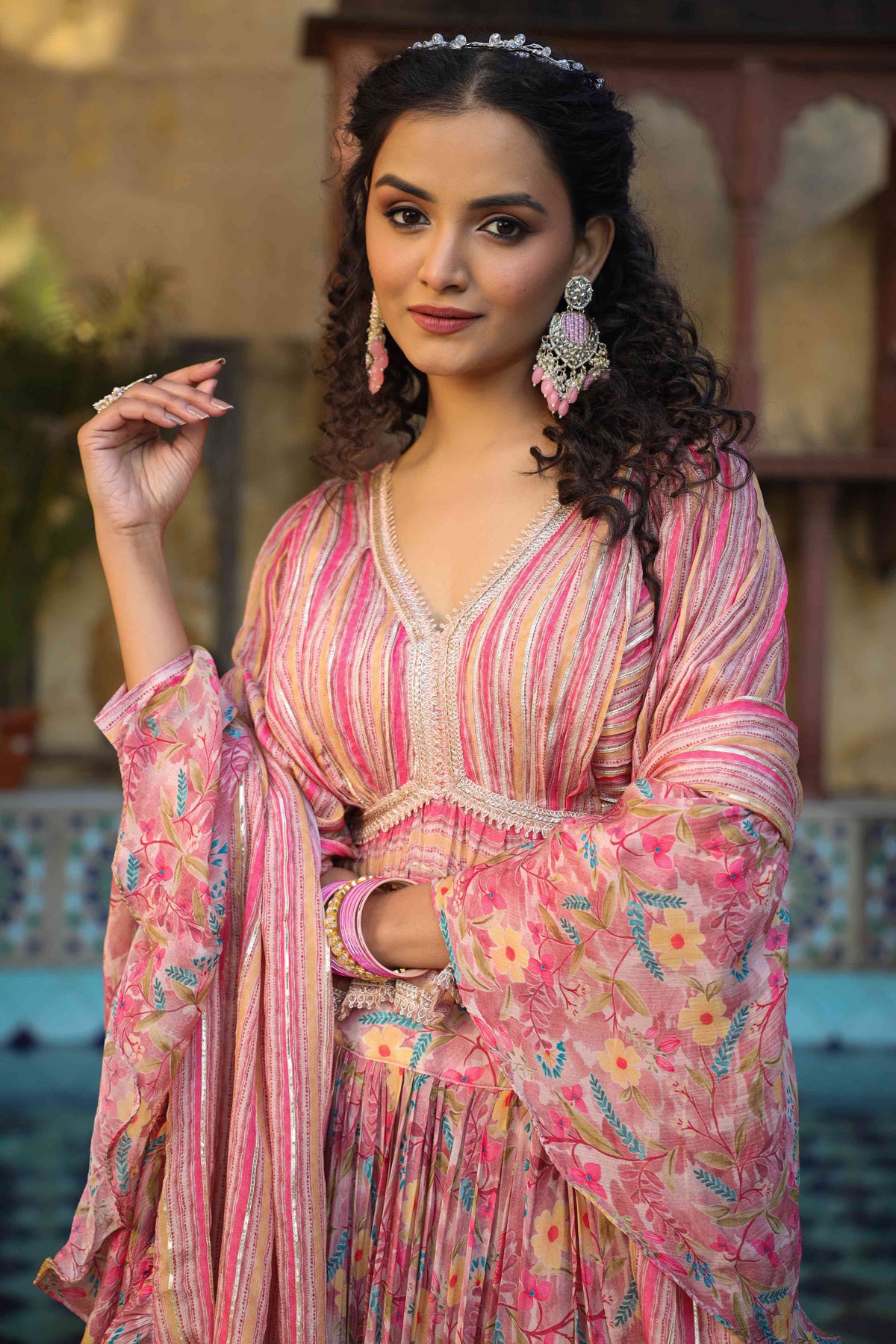 Pastel Pink Chiffon Floral Print Lehenga Daabu Jaipur