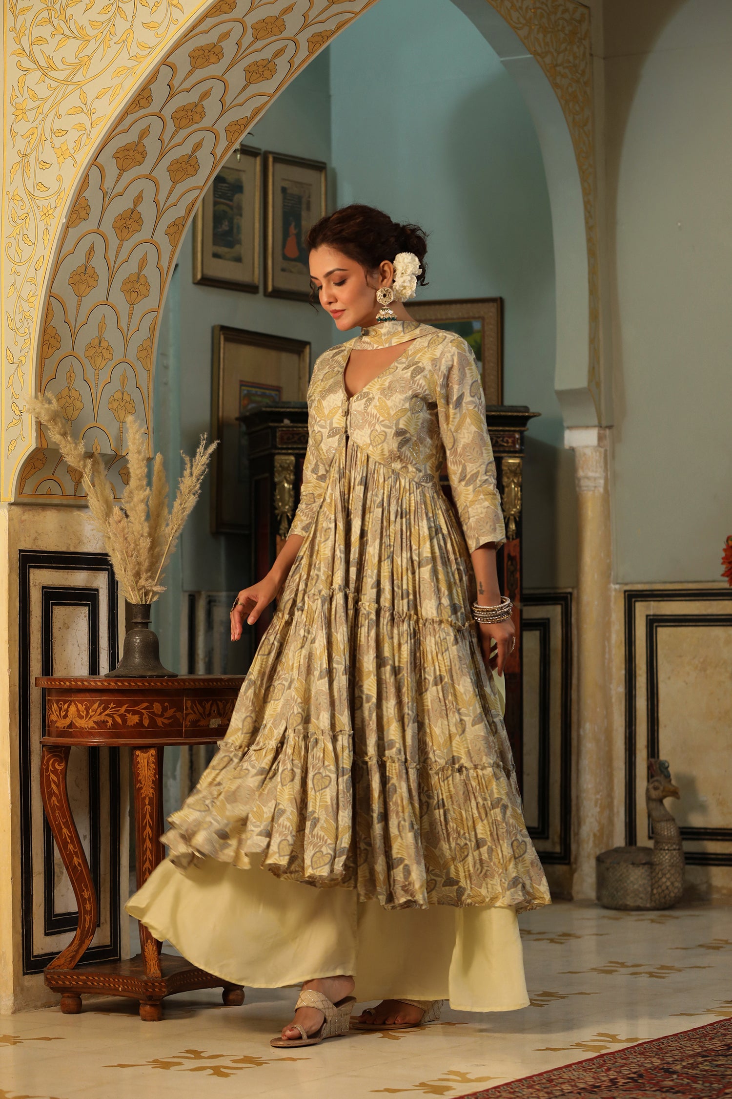 Beige Floral Printed Sharara Set