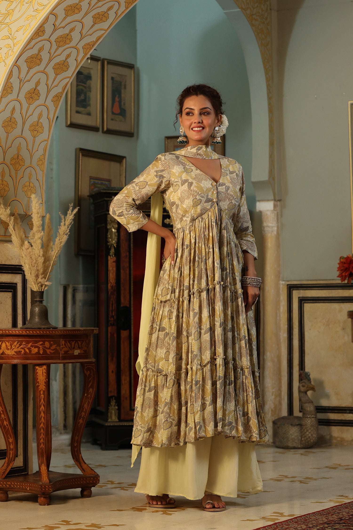 Beige Floral Printed Sharara Set