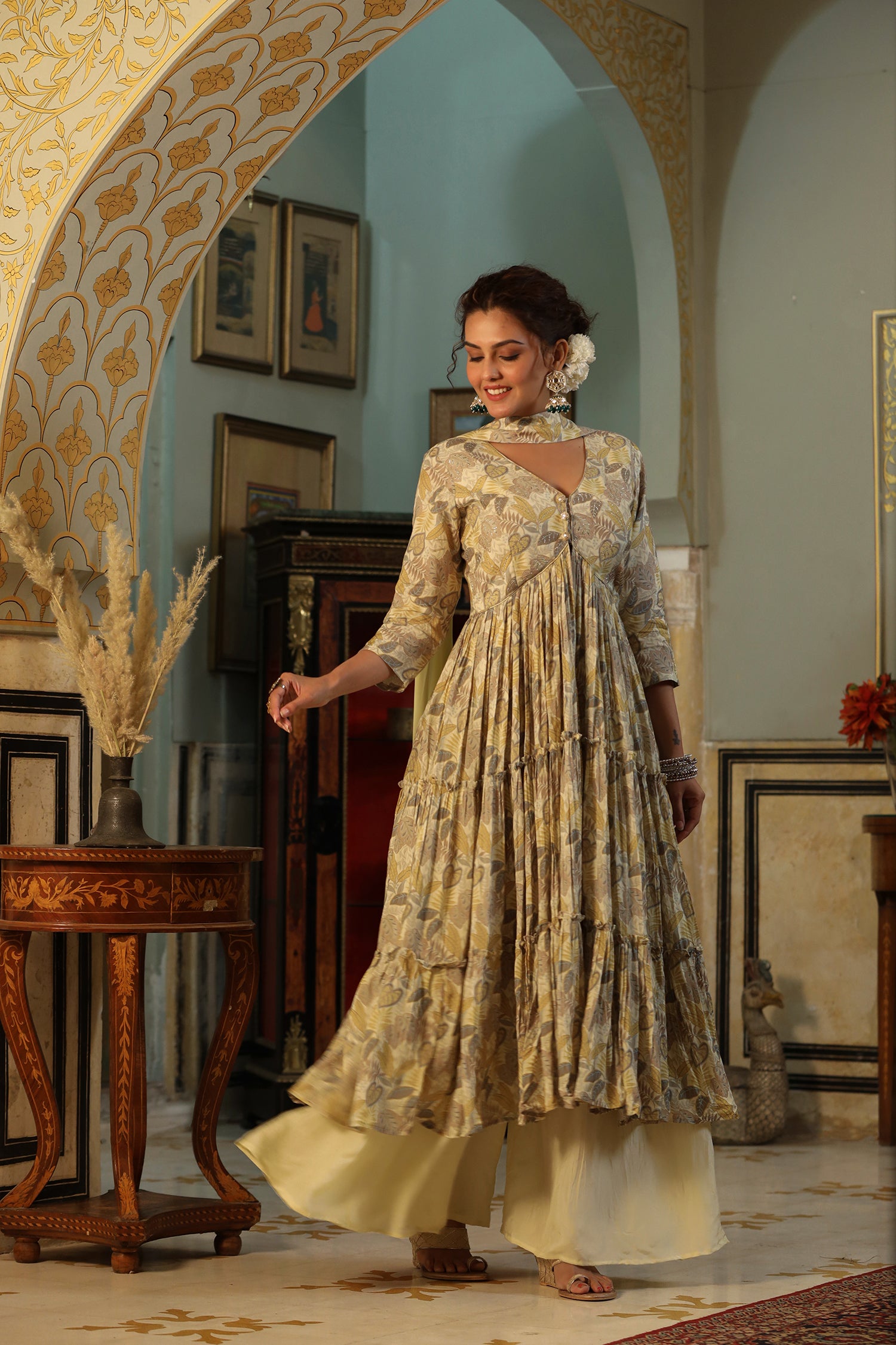 Beige Floral Printed Sharara Set