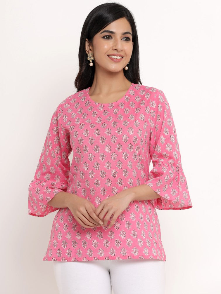 Floral Bell Sleeve Pure Cotton Ethnic Top - Daabu Jaipur