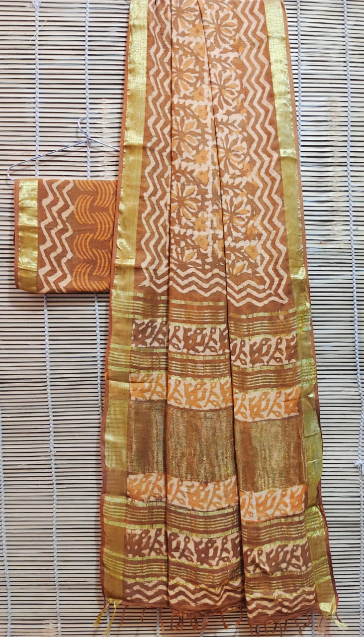 Brown Dabu Print Linen Saree - Daabu Jaipur