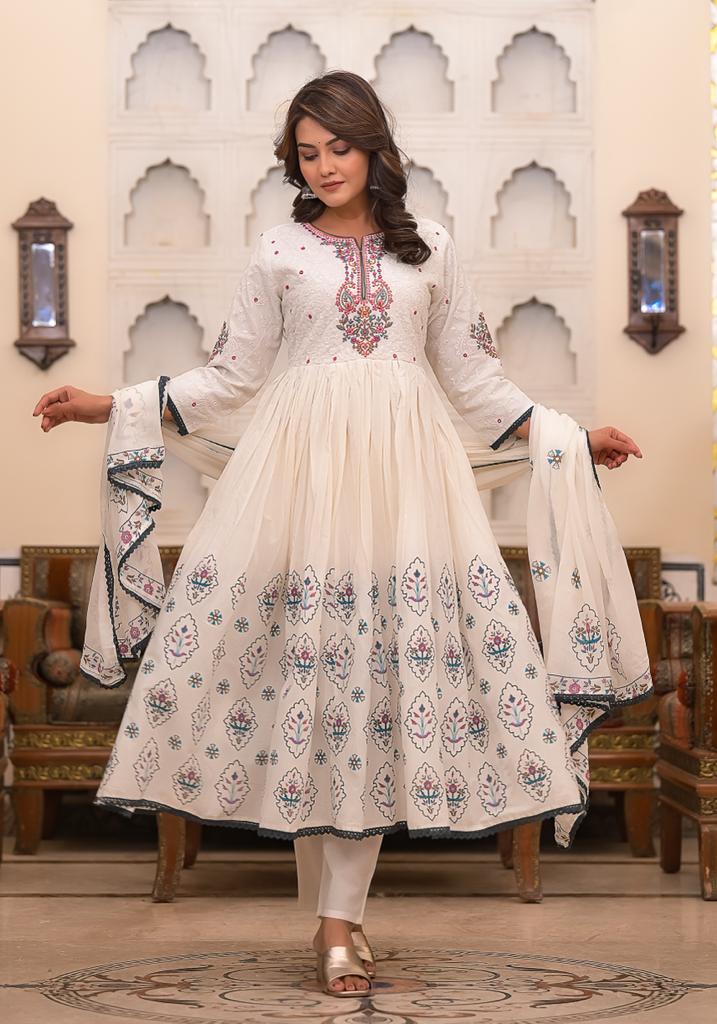 White Embroidered Mulmul Pant Set