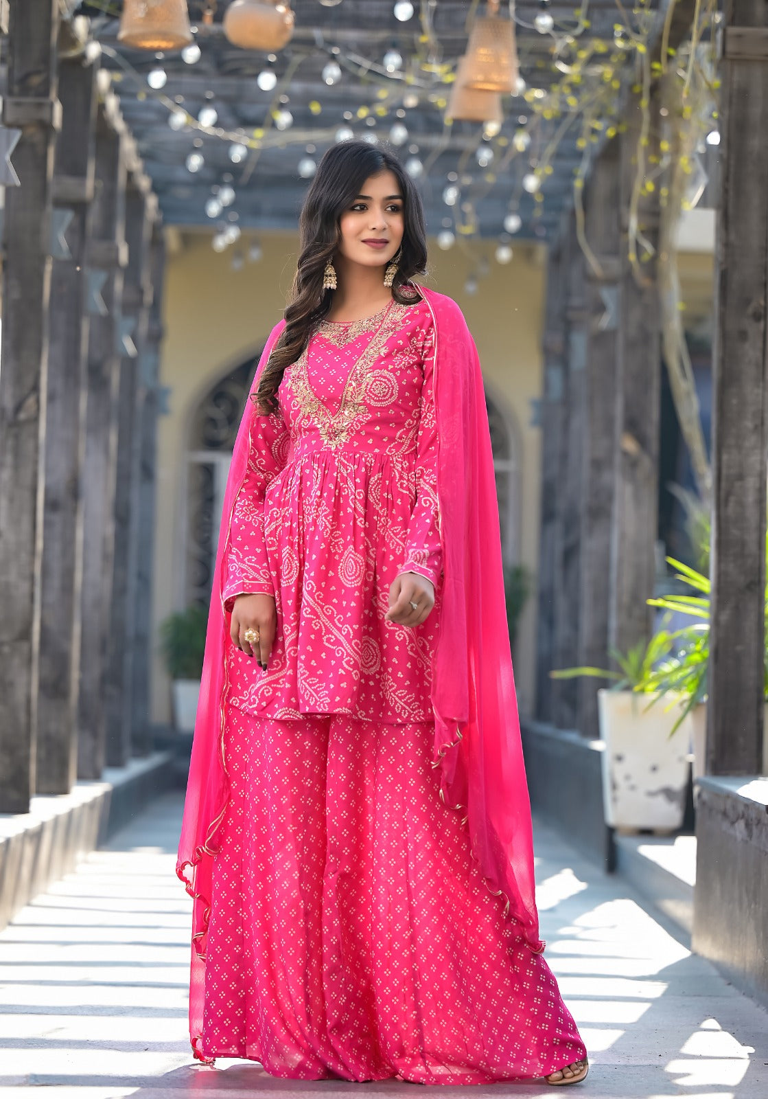 Pink Bandhani Designer Sharara Set