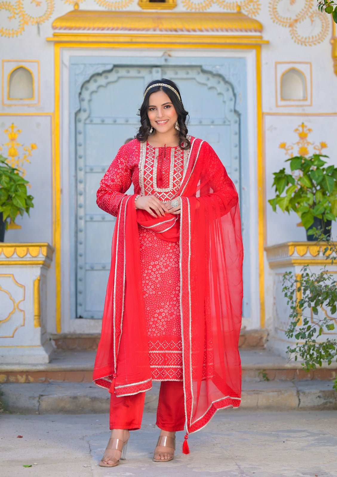 Red Bandhani Chinnon Suit