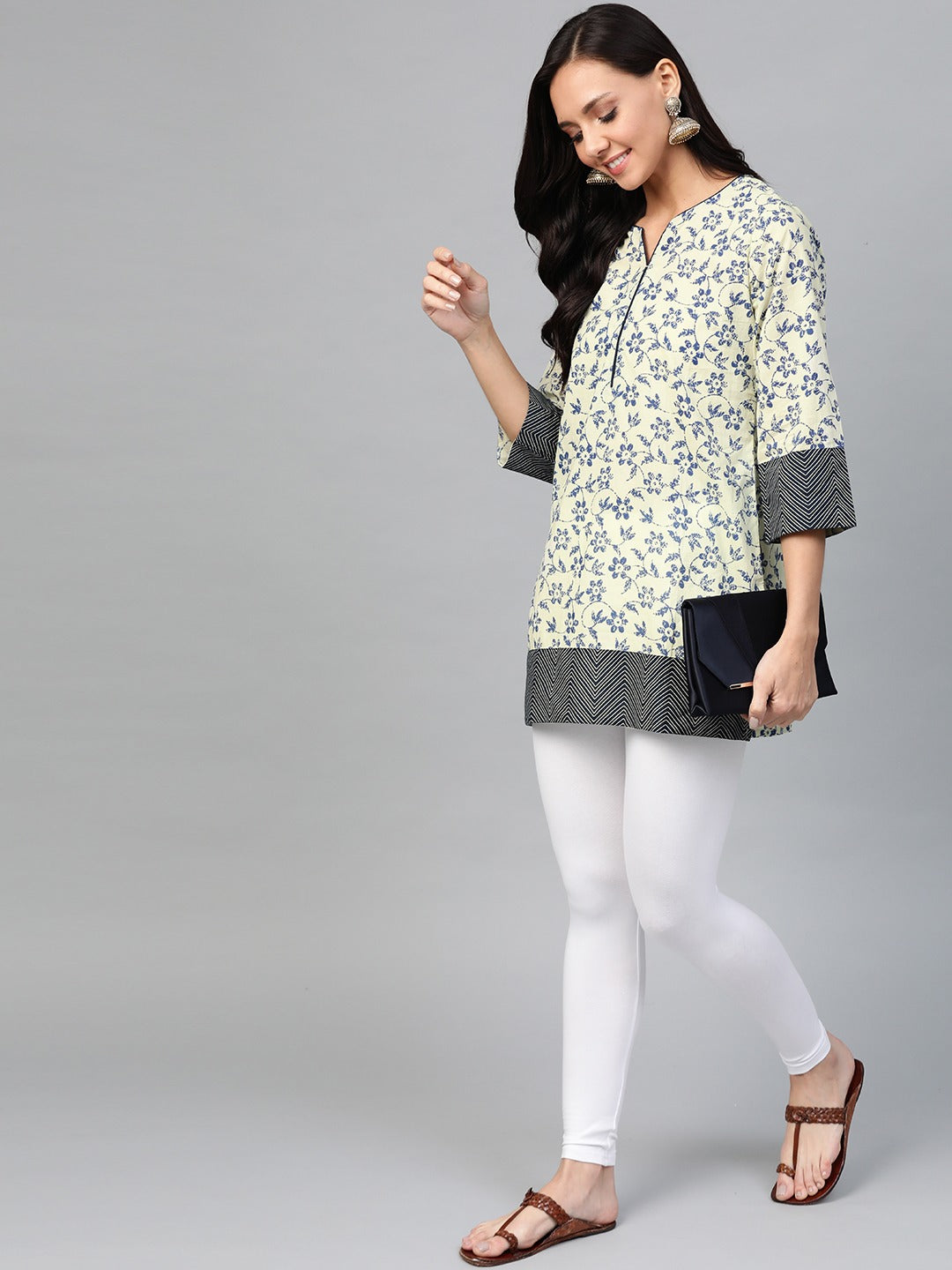 Beige & Black Floral Printed Cotton Tunic